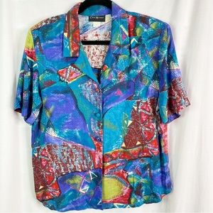 Vintage Bright Blue Multicolored Abstract Print Short Sleeve Button Up Top Med
